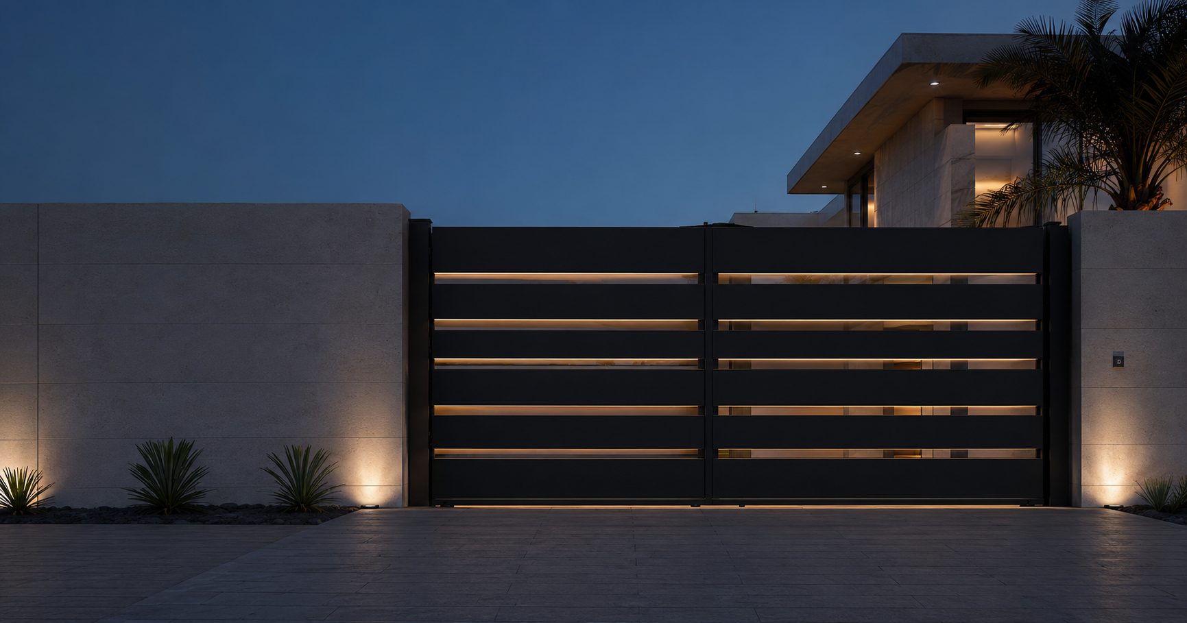 Hero — villa sliding gate, dusk