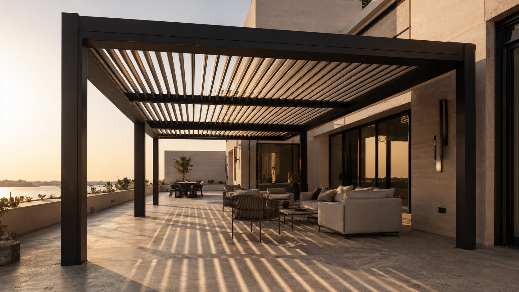 Hero — louvred pergola, villa terrace, golden hour