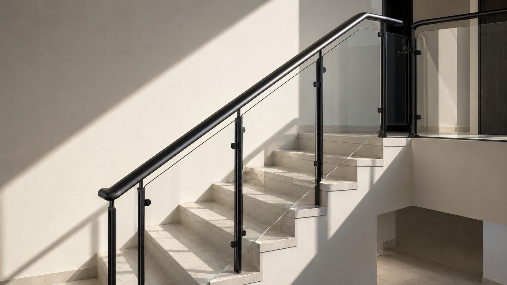 Hero — steel & glass stair balustrade, interior