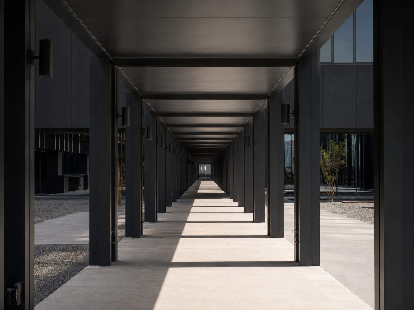 Walkway cover — commercial context, repeated bays