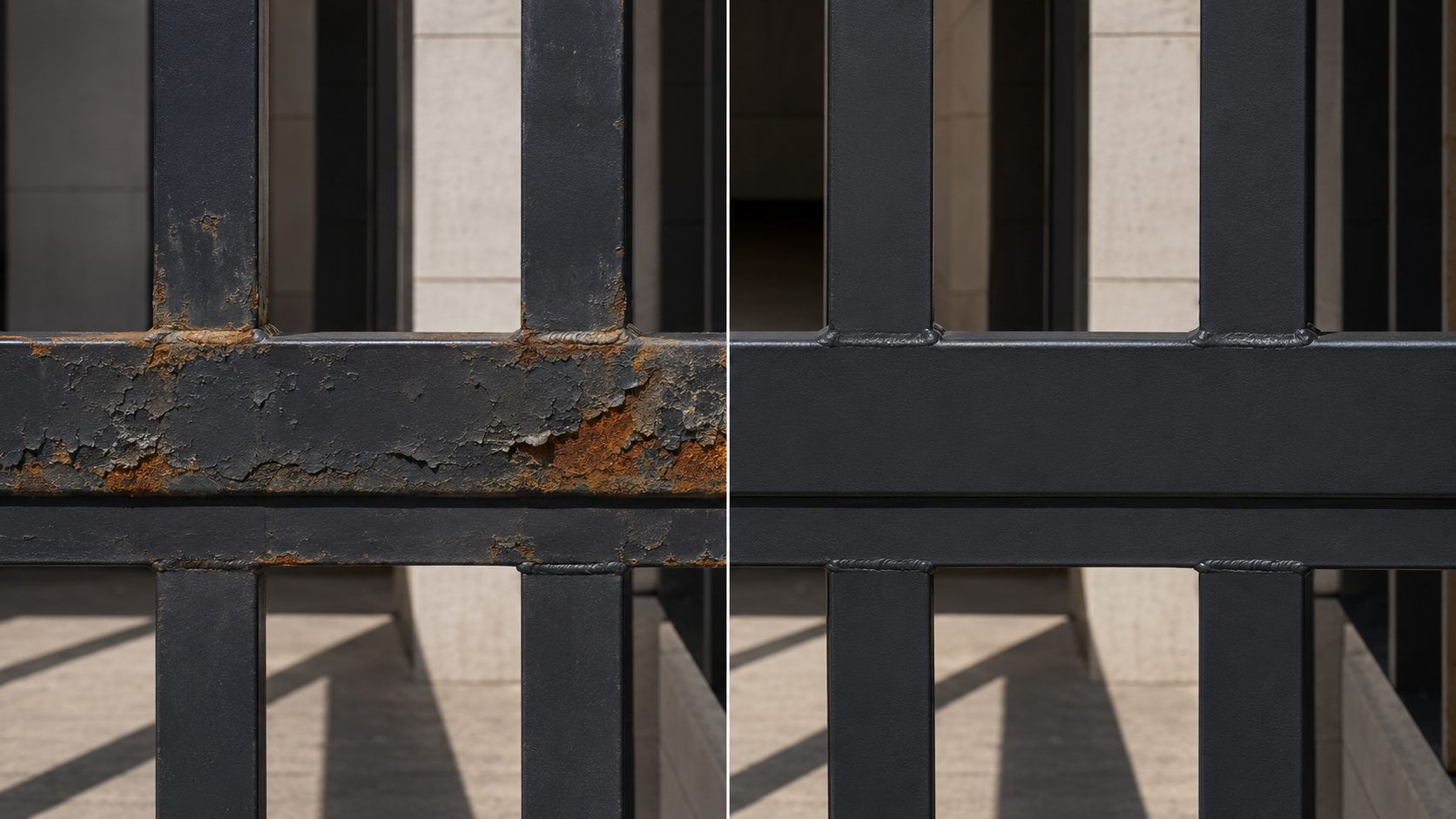 Before / after — same gate, treated and recoated